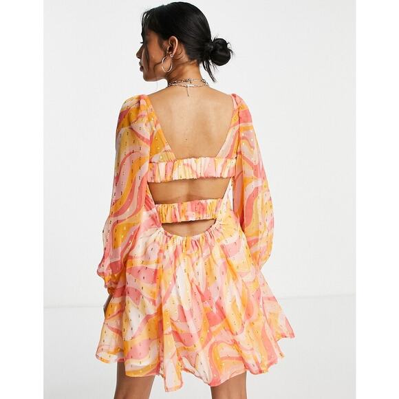 ASOS Dresses & Skirts - ASOS DESIGN Petite Metallic Flare Mini Dress Swirly Print Strappy Back Size 8